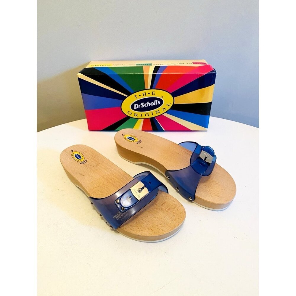 Dr Scholls Women Size 9 Wood Exercise Clog Sandal Blue Vinyl Slide Shoe New